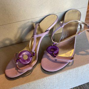 Escada Designer Barbie / Y2K Purple Fabric & Leather Heels With Gold Insole
